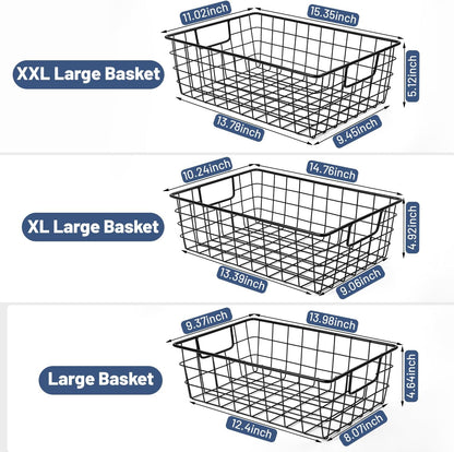 3 Pack Extra Large Wire Basket with Metal Handles, Metal Basket for organizers and storage, Wire Storage Baskets for Pantry, Cabinet, Fridge, Kitchen, Wardrobe, Garage, Bathroom, Black