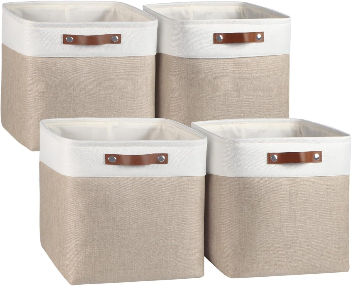 Univivi 4PC Small Fabric Storage Bins,15x6x5 inch Long Narrow Storage Baskets with PU Handles for Closet,Cabinet,Countertop Organizing Small Items (Gray,15x6x5 inch)