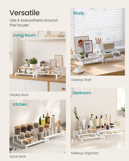 SONGMICS Display Risers, Set of 2 Engineered Wood Perfume Organizer Stand, 4-Tier Cupcake Stand Holder, Spice Rack, Shelf Risers for Figures, Dessert Shelves, Natural Beige and Cloud White UKCS216N02