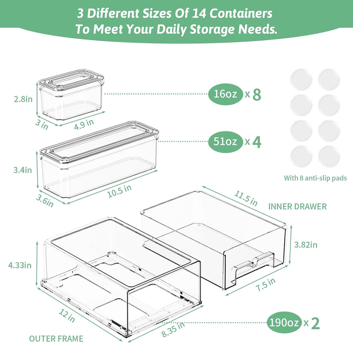 damynuo 14Pack Fridge Organizer Bins, Clear Refrigerator Organizing Containers with Lids and Refrigerator Drawers, Stackable Food, Vegetable and Fruit Containers for Fridge Organizers and Storage