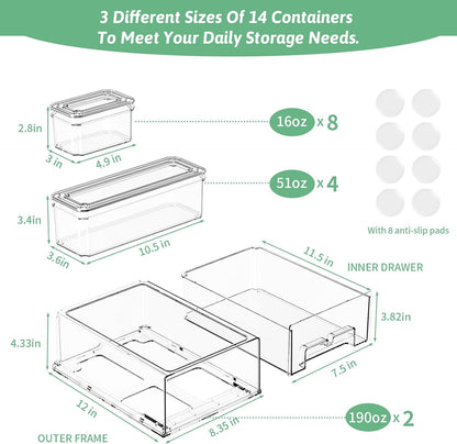 damynuo 14Pack Fridge Organizer Bins, Clear Refrigerator Organizing Containers with Lids and Refrigerator Drawers, Stackable Food, Vegetable and Fruit Containers for Fridge Organizers and Storage