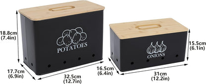Potato Onion Storage Box, Food Container Sets, Storage Canisters for Vegeatables, Set of 2 Jars Pots Containers, Potato & Onion Bin with Aerating Tin Storage Holes & Bamboo Lid-White