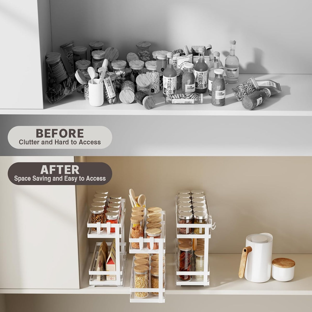 Magheo Pull Out Spice Rack Organizer for Cabinet, Metal Seasoning Organizer Slide Out Spice Storage Shelf No Assembly Vertical Spice Rack Pullout for Kitchen & Bahthroom No Drill(2 Tier,Black)