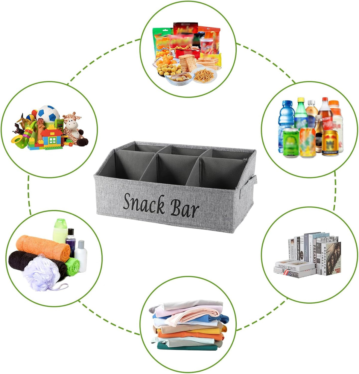 Snack Organizer for Countertop, Trapezoid Fabric Snack Bin Holder with Side Handles, 6 Compartment Snack Basket Container, Lightweight Snack Bar Station Organizer, Kitchen Pantry Storage-Black