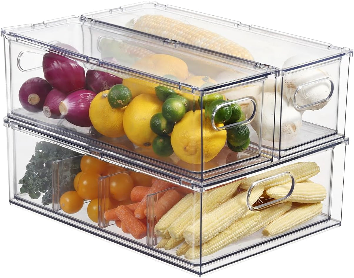 Fridge Drawer Pull Out Stackable Bins, Clear Refrigerator Stackable Organizers, Fridge Organizer Storage for Kitchen, Pantry, Vegetables, Fruits (2 Small + 1 Large)