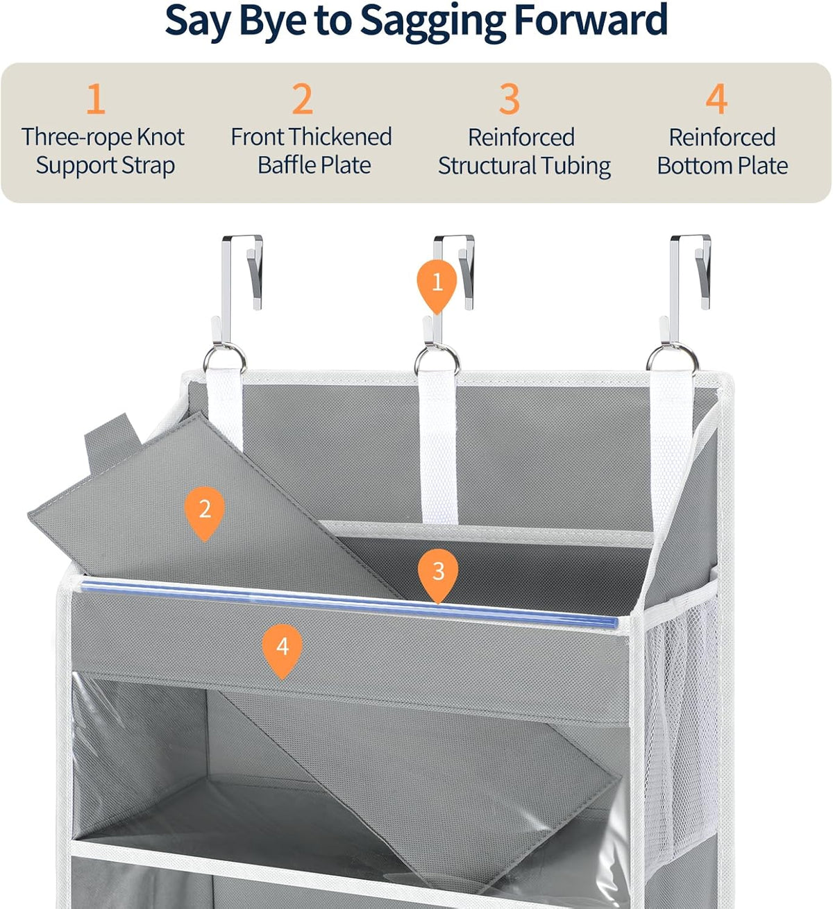 Yecaye Over the Door Organizer 5 Tiers, Heavy Duty Hanging Storage with 5 Large Clear PVC Pockets and 10 Side Pockets, 56lbs Capacity for Closet Door Bathroom Bedroom Nursery Dorm Laundry Room, Grey