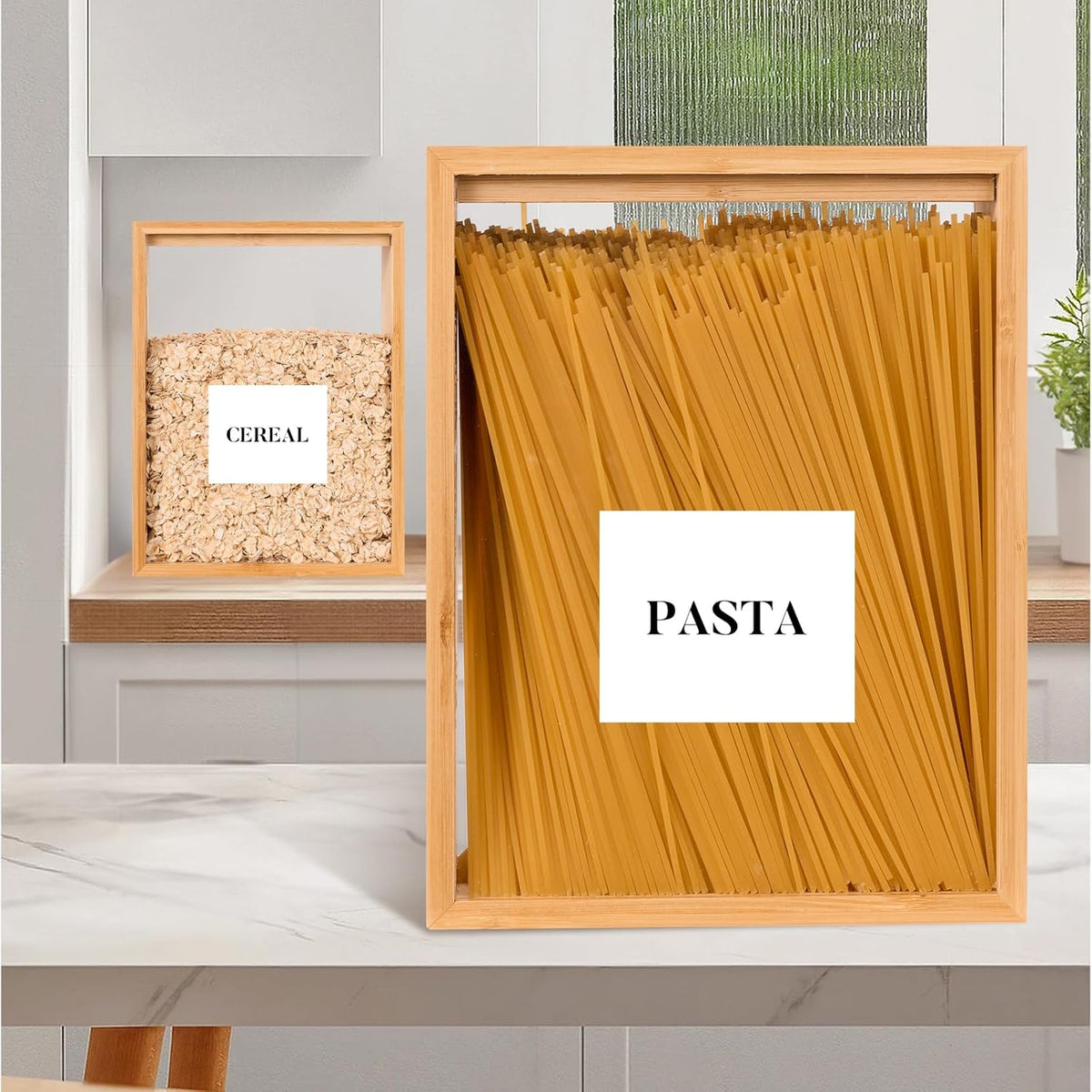 Food Dispenser 2L,2 Pack Easy-to-Clean Bamboo Food Storage Containers Featuring a Removable PVC Door Panel，Cereal Cispensers For Serving Tea,Coffee,Sugar,Candy,Pasta,Spice