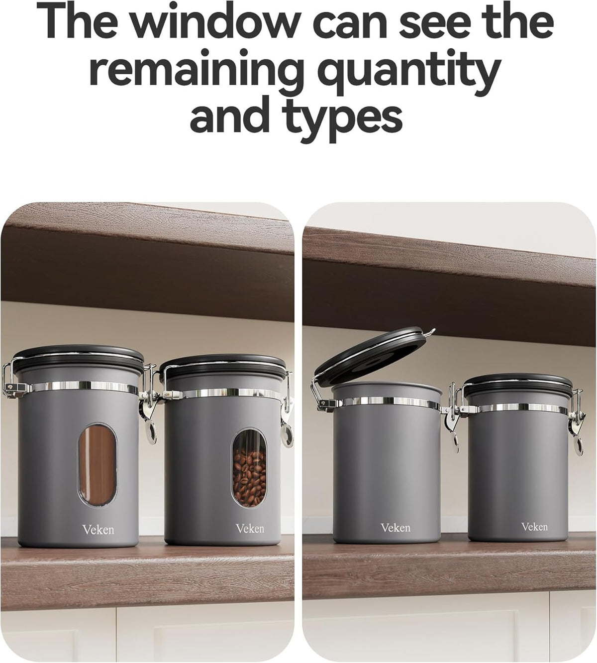 Veken Coffee Canister with Window, Family Choice Awards Winner, Airtight Stainless Steel Home Kitchen Food Storage Container with Lids for Grounds, Beans, Tea, Flour,Cereal,Sugar Jars,Scoop,16OZ,Black