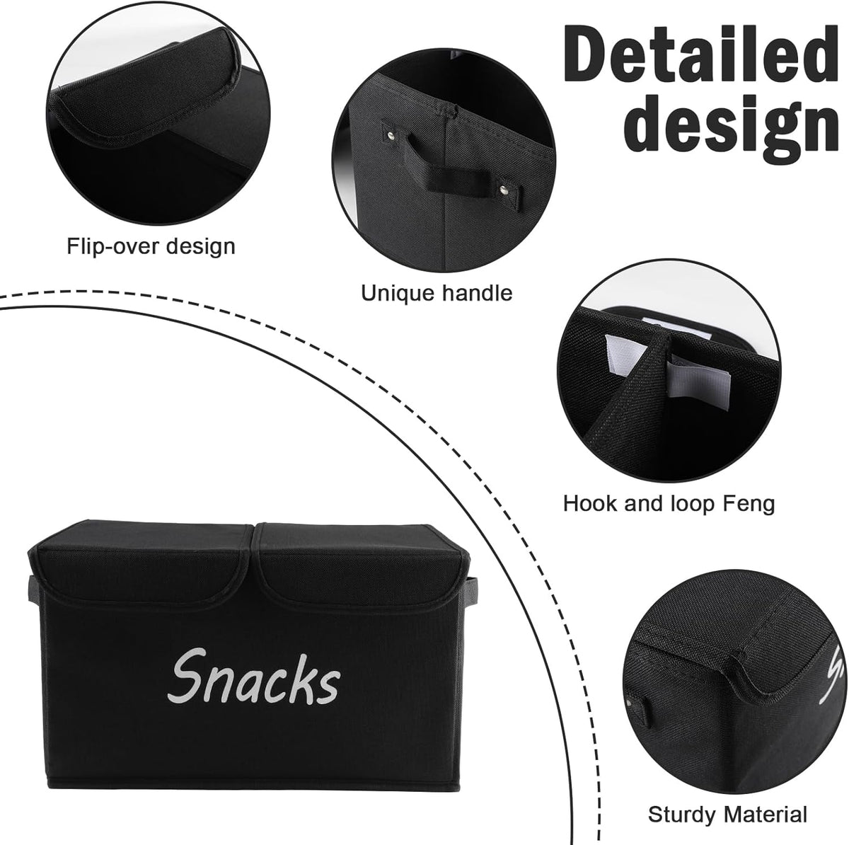 Snack Organizer for Pantry Shelf, Fabric Snack Organizer with Double Lids & Handles, Large 2-Compartment Snack Bin Snack Holder, Snack Basket for Chips Packets, Snack Bar Station Decor -Black