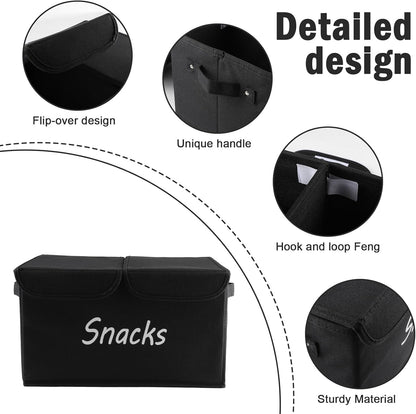 Snack Organizer for Pantry Shelf, Fabric Snack Organizer with Double Lids & Handles, Large 2-Compartment Snack Bin Snack Holder, Snack Basket for Chips Packets, Snack Bar Station Decor -Black