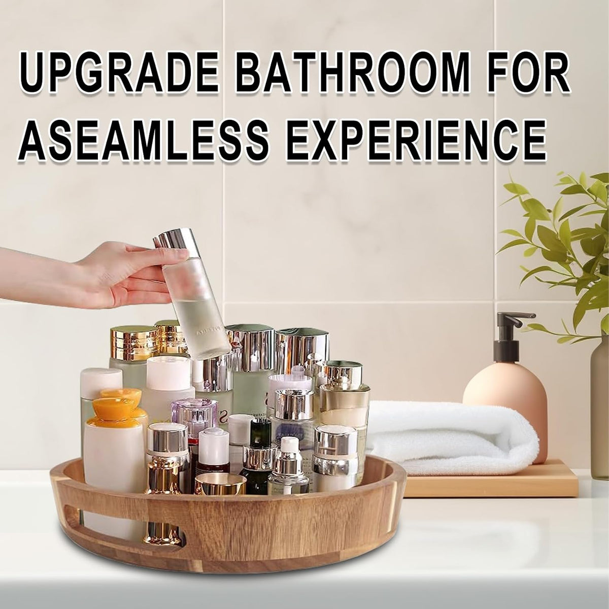 Acacia Wooden Lazy Susan for Table Top-12 Inch Wooden Lazy Susan Turntable with Double Handle-Large Acacia Wooden-Spice Organizer for Countertop, Table, Cabinet