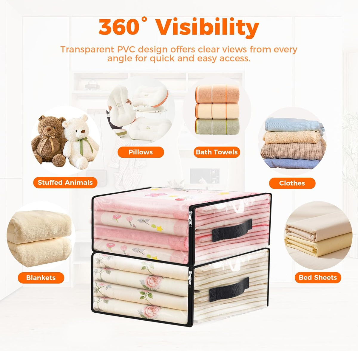 SpaceWhisper 6 Pack Clear Storage Bags, Plastic Blanket Storage Bags with Zipper and Handle, Moving Bags for Comforter, Bedding & Clothes, Closet Organizer and Under Bed Storage (15.7x13.8x3.9 Inch)