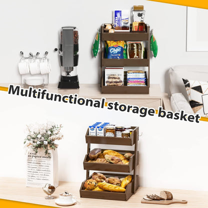 Gmtsl Bamboo Fruit Basket for Kitchen – 3 Tier Fruit Bowl For Kitchen Counter, Large Fruit Holder With 2 Banana Hangers, Idea For Fruit and Vegetable Storage, Bread Basket, Snack Organizer(BLACK)