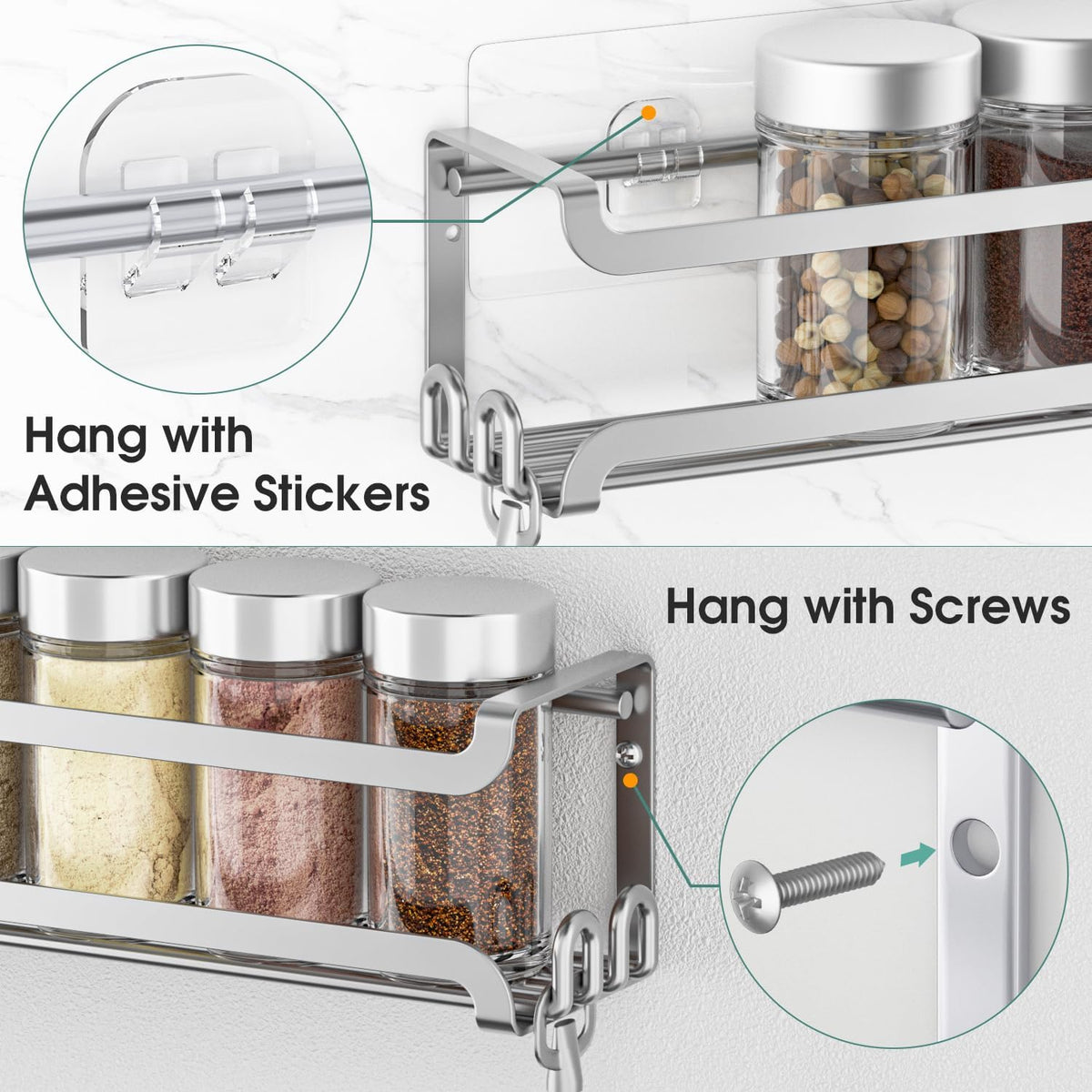 LUCYCAZ Wall Mounted Spice Rack with 8 Hooks, Spice Organizer Shelf for Stove Cabinet Pantry Door,Screw or Adhesive Spice Shelf Hanging Wall Spice Rack in Kitchen and RV (Black)