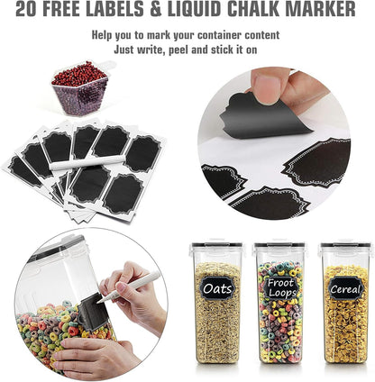 Wildone Cereal Storage Containers Set, Large BPA Free Plastic Airtight Food Storage Containers 4L for Flour, Sugar, 6 Piece Set Cereal Dispensers with 20 Labels & Marker, Black