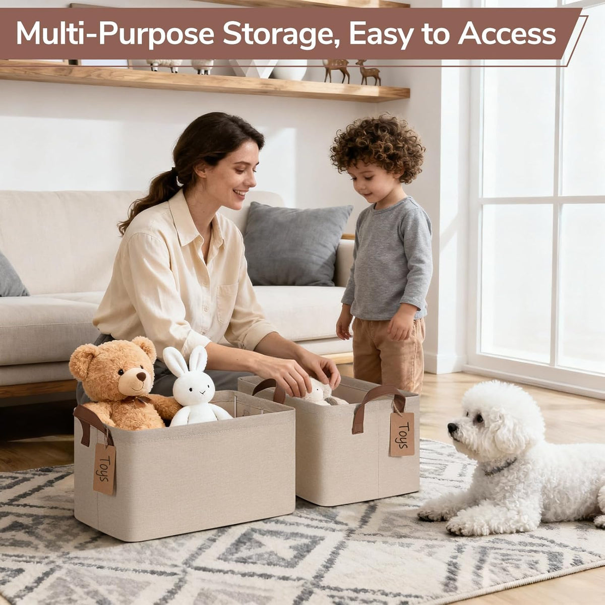 CHICVITA 4 Pack Large Storage Baskets for Shelves, Collapsible Closet Organizer Bins with Metal Frame, Fabric Storage Bins for Clothes Towels Organization, 16.8" x 11" x 9.8", Beige