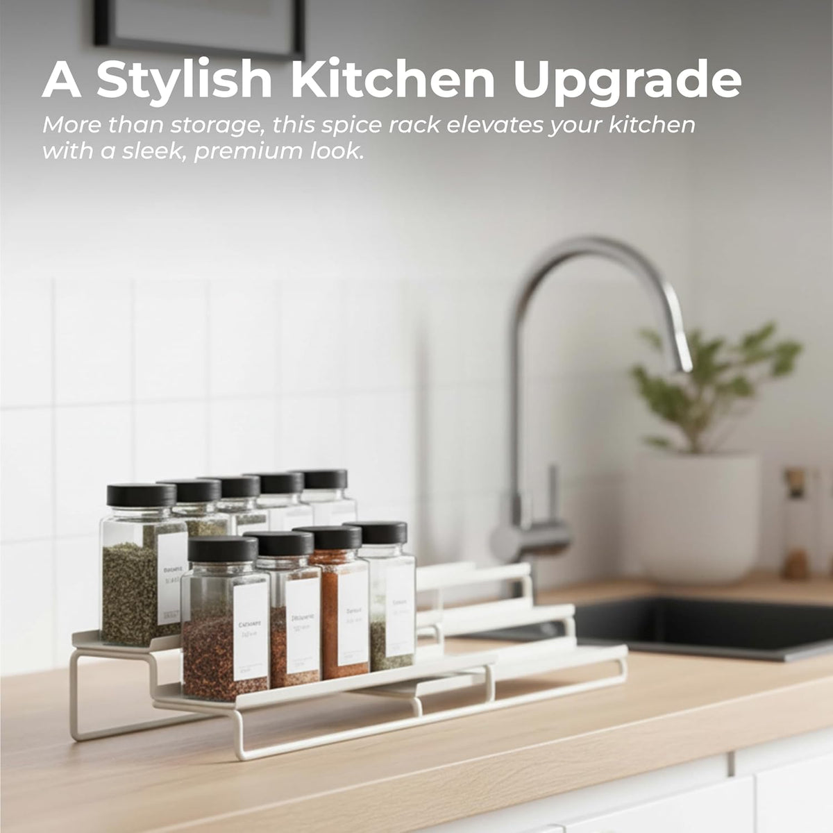 LIBKEN Tiered Spice Rack Organizer – Warm Gray Metal Countertop & Cabinet Spice Stand, Strong & Sturdy 3-Tier Shelf for Kitchen, Pantry, Seasoning Bottles – Minimal Scandinavian Design