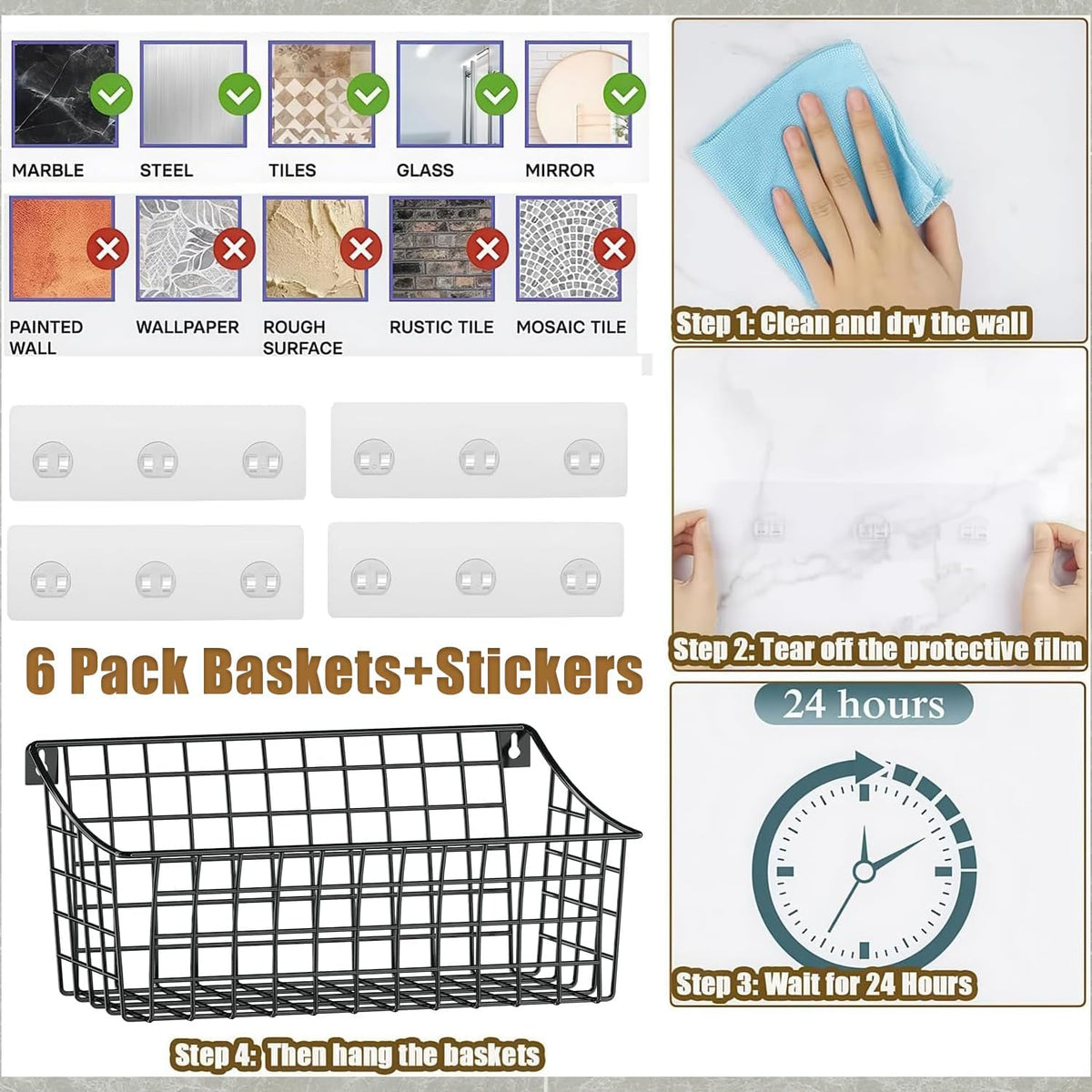 Sonyabecca 6 Pack Hanging Wall Basket for Organizing, Large Wire Basket for Storage Pantry with 5 S Hook+6 Adhesive Hook, Wall Mounted Shelf for Kitchen Bathroom