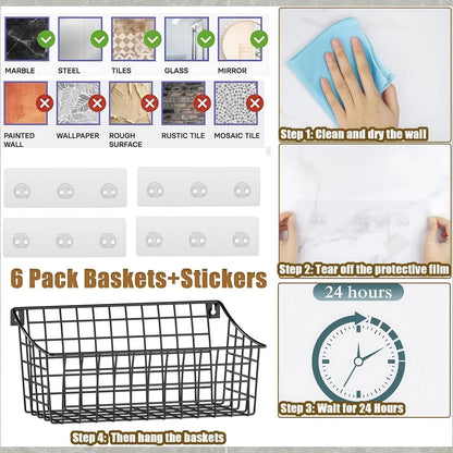 Sonyabecca 6 Pack Hanging Wall Basket for Organizing, Large Wire Basket for Storage Pantry with 5 S Hook+6 Adhesive Hook, Wall Mounted Shelf for Kitchen Bathroom