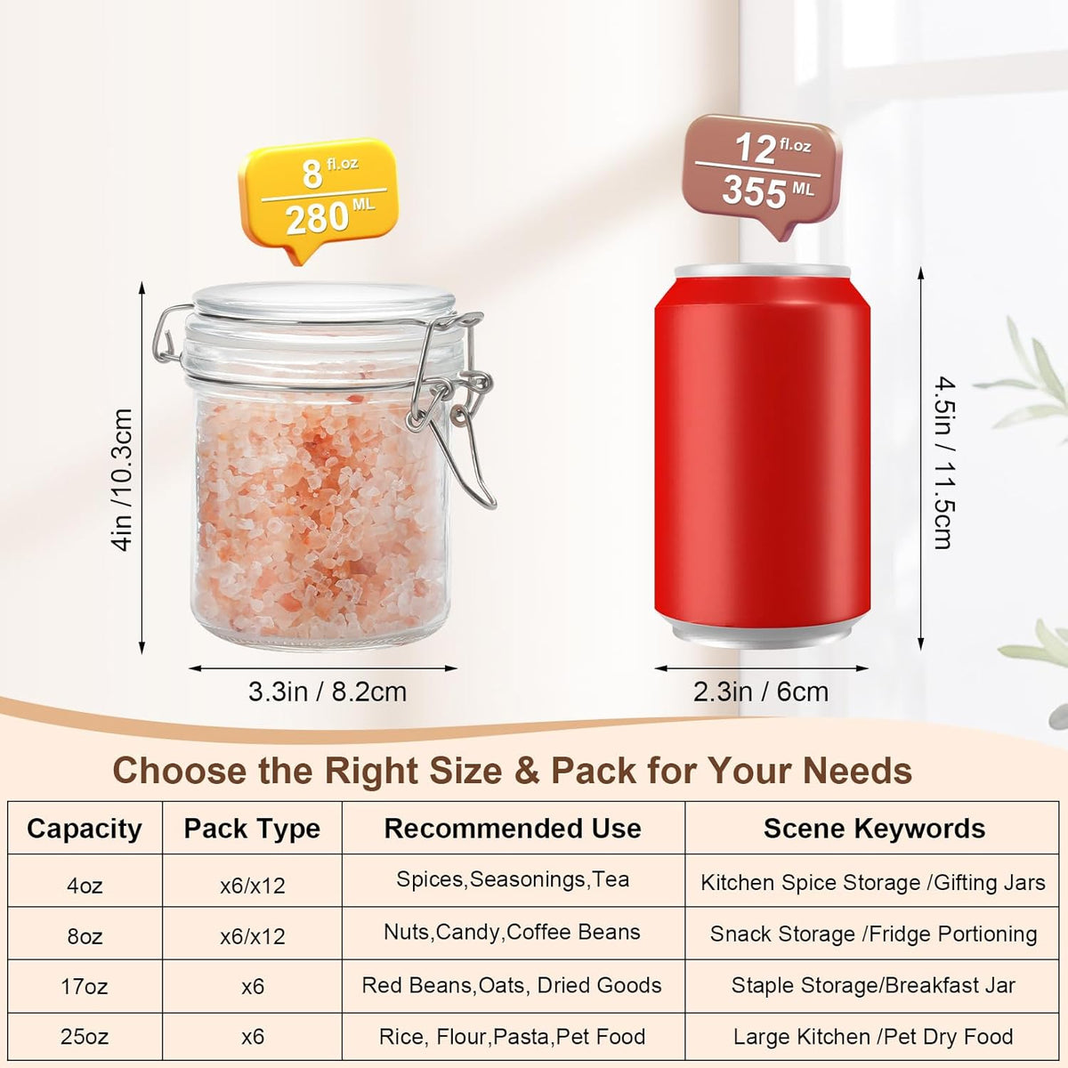 17oz Airtight Glass Jars, 6 Pack Clamp Lid Canisters, Small Food Storage Containers for Spices, Nuts, Snacks, Canning Jar for Jams & Pickling, Pantry Organization