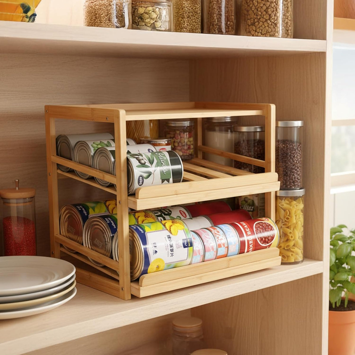 Yumkfoi Can Organizer for Pantry, 3 Tiers | Hold up to 72 3oz Cat Can, Rolling Can Storage, Soda Dispenser, For Cabinet