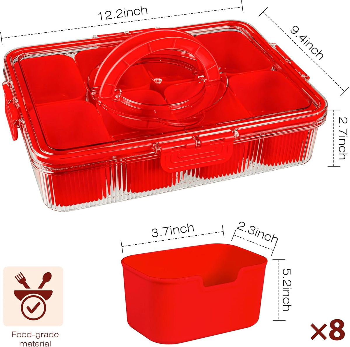 Patent Design Ribbed Snackle Box Container Snack Container Divided Serving Tray with Lid and Handle, 8 Divider Portable Snacklebox for Travel Beach for Charcuterie Veggie Fruit Candy,1 Pack