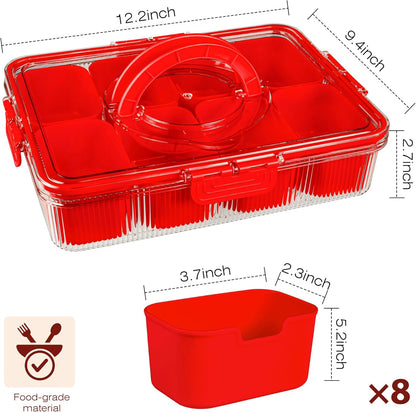 Patent Design Ribbed Snackle Box Container Snack Container Divided Serving Tray with Lid and Handle, 8 Divider Portable Snacklebox for Travel Beach for Charcuterie Veggie Fruit Candy,1 Pack