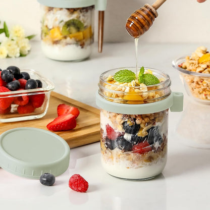 4 Pack Overnight Oats Containers with Lids and Spoons, 16 oz Glass Mason Jars with Airtight Lids, Overnight Oats Jars for Milk, Cereal, Fruit