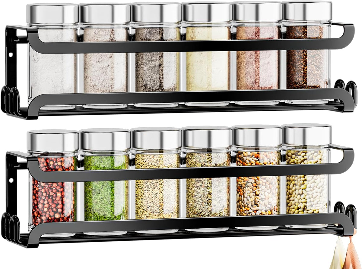 LUCYCAZ Wall Mounted Spice Rack with 8 Hooks, Spice Organizer Shelf for Stove Cabinet Pantry Door,Screw or Adhesive Spice Shelf Hanging Wall Spice Rack in Kitchen and RV (Black)