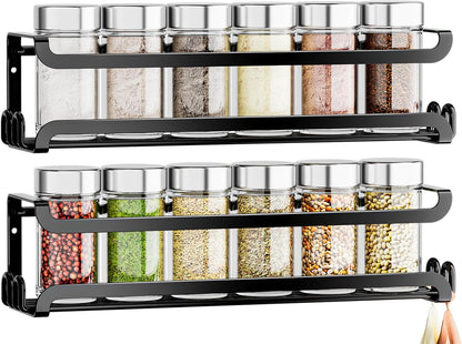 LUCYCAZ Wall Mounted Spice Rack with 8 Hooks, Spice Organizer Shelf for Stove Cabinet Pantry Door,Screw or Adhesive Spice Shelf Hanging Wall Spice Rack in Kitchen and RV (Black)