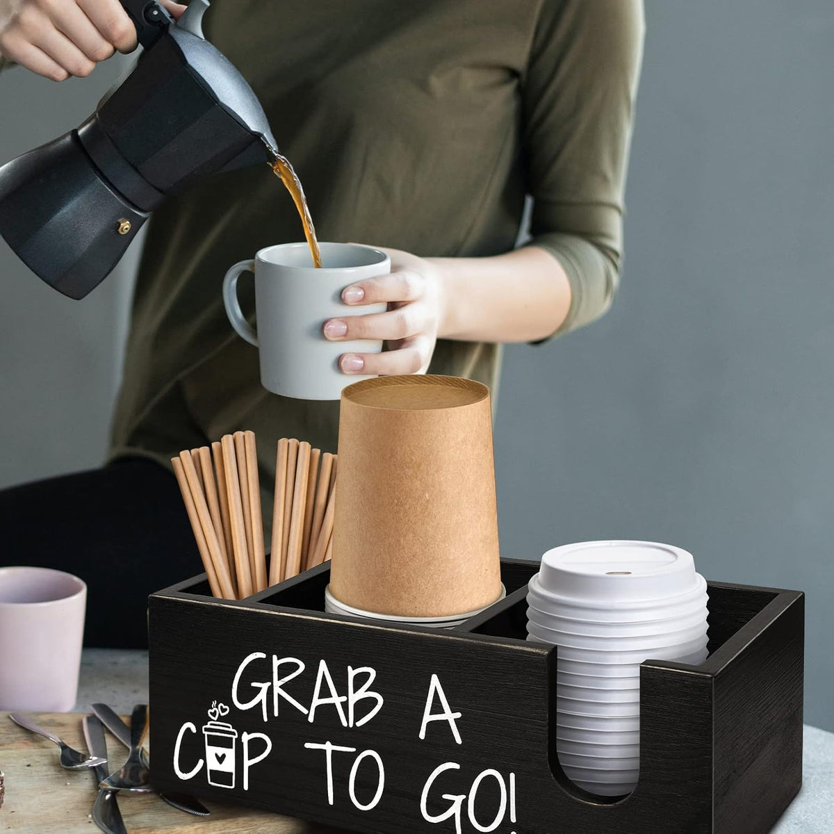Coffee Station Organizer for Cup and lid Storage Box, Farmhouse Wood Coffee Bar Accessories Disposable Cup Holder for Counter Decor - White