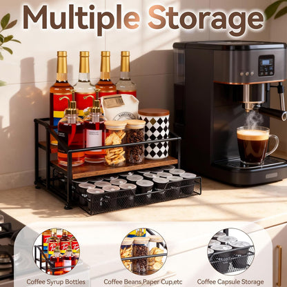 kimilus Coffee Syrup Rack Organizer, 4-Tier 12 Bottle Syrup Rack with 35 K Cup Drawer for Coffee Bar, Countertop Bottle Holder Stand for Dressing for Kitchen Cafe Station