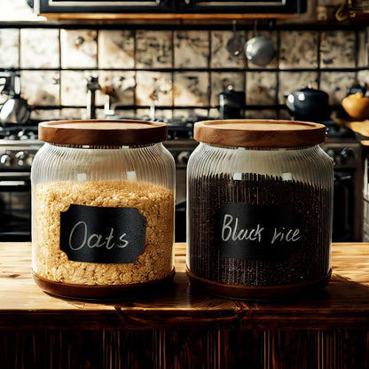 SAIOOL 2-Pack Striped Borosilicate Glass Airtight Canisters - Big mouth Large Capacity, Acacia Wood Lid, Food Storage Jars for Flour, Pasta, Pantry Organization (1/2 Gallon （Yellow Press lid 2 pack）)