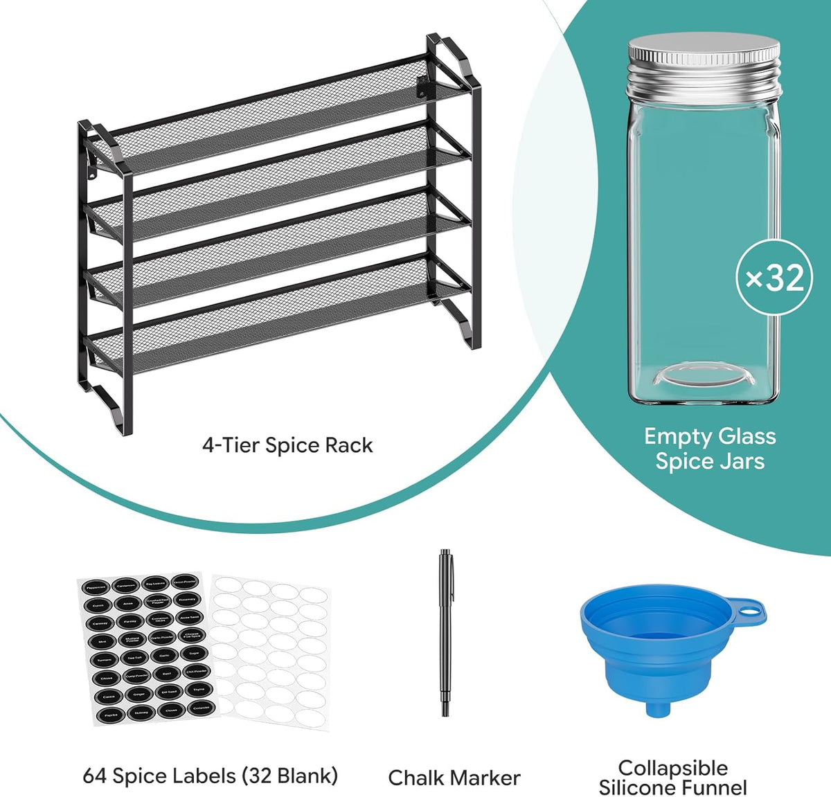 Simple Trending 4 Tier Spice Rack Organizer,Stackable Kitchen Counter Shelves,for Cabinet,Countertop,Pantry, Door or Wall Mount, Metal Mesh,Jars not Included, Black