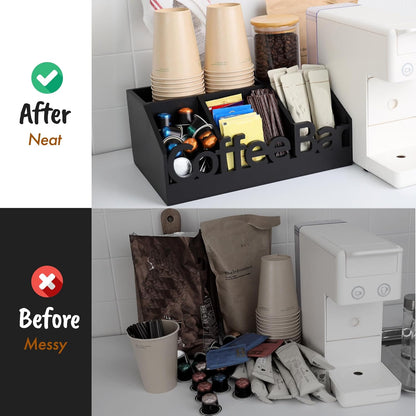 Coffee Bar Organizer for Countertop – Wooden Coffee Caddy with Compartments for Pods, Sugar Packets, and Accessories – Coffee Condiment Station Storage for Home and Office (Black)