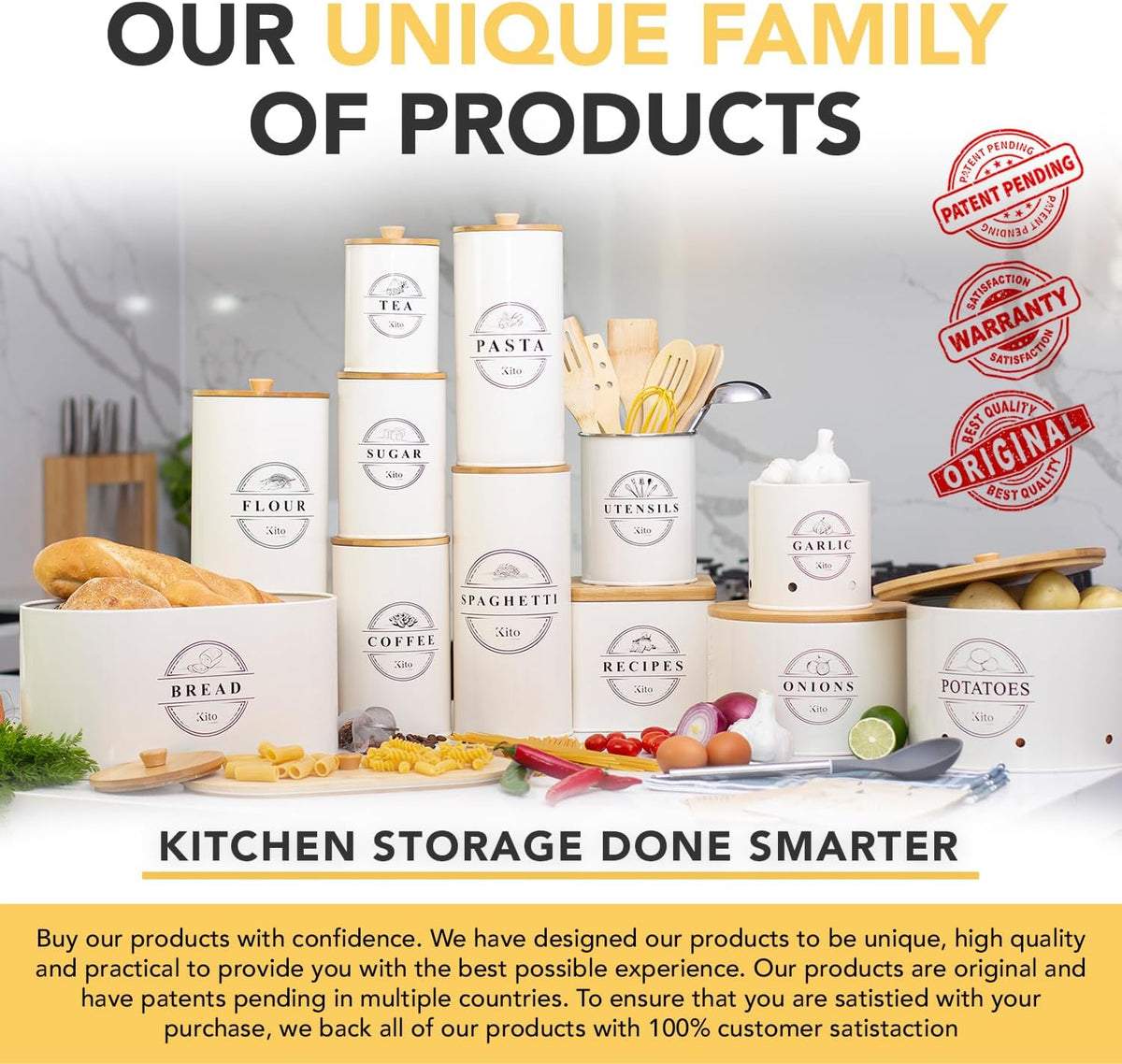 Kito LIVING Canister Sets for Kitchen Counter with Wooden Bamboo Lids, Kitchen Canisters for Countertop, Stackable Steel Farmhouse Canisters for Potato Storage, Onion and Potato Storage Bins - Cream