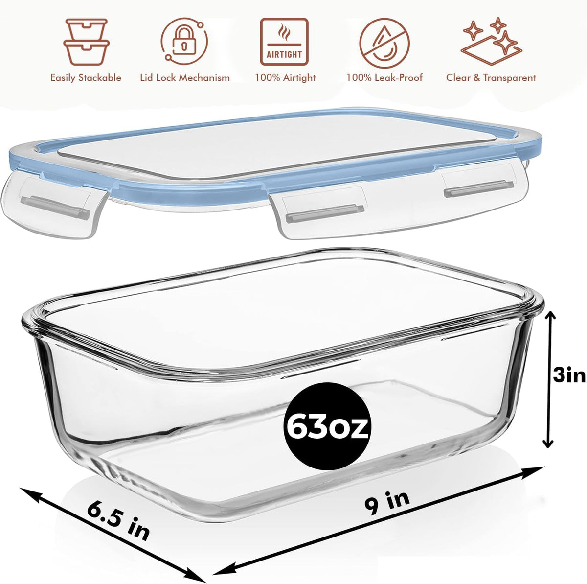 8 Cups/ 63 Oz 4 Piece (2 containers + 2 Lids) Large Glass Food Storage/ Baking Containers with Locking Lids . Ideal for Storing food, vegetables or fruits. BPA Free & Leak Proof -Microwave, Oven Safe