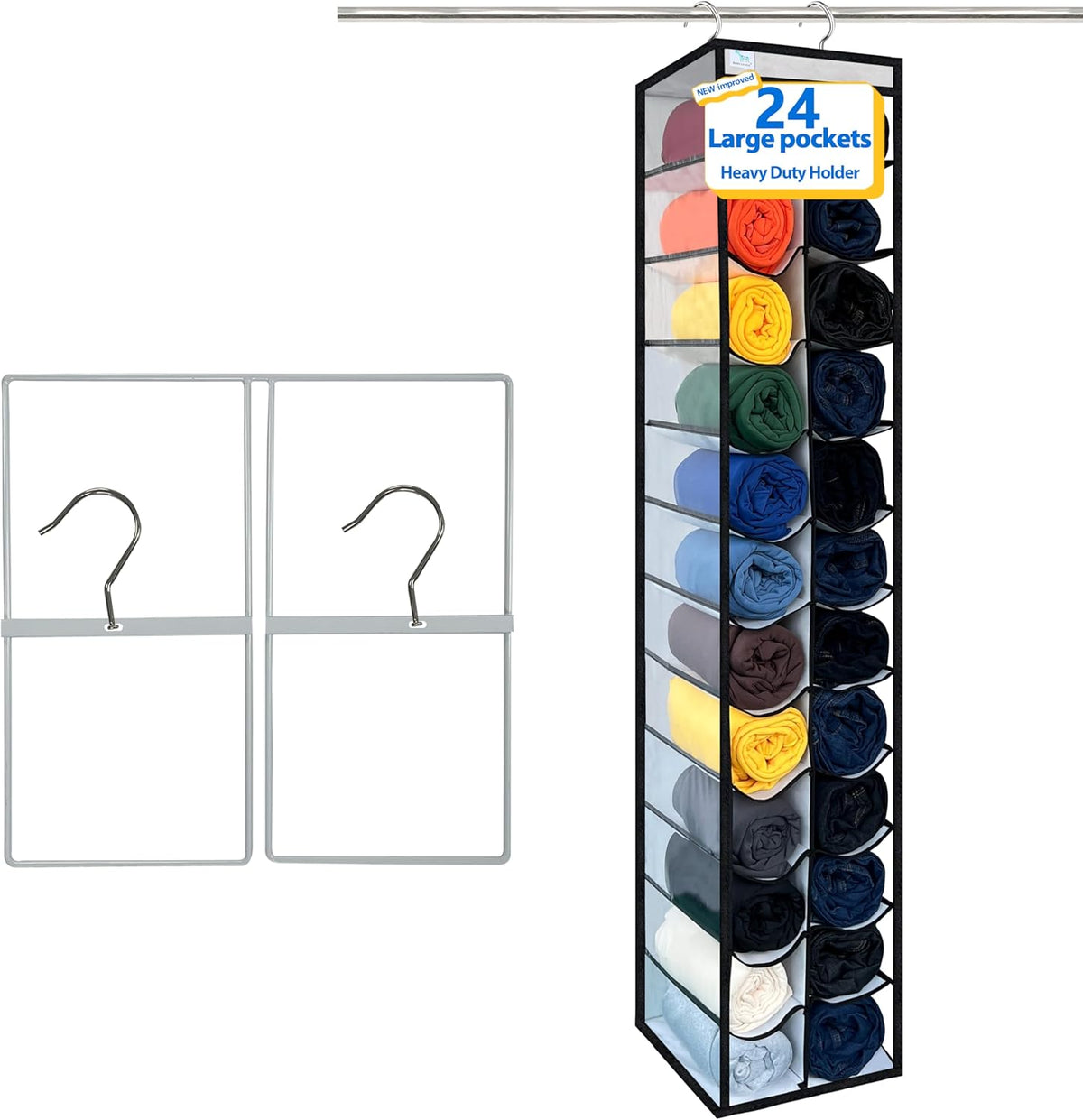 Over the Door Organizer Storage 6 Tier, 12 Large Capacity Side Pockets, Heavy Duty Metal Reinforced Hook Anti Tilt 75 LB Load Behind Door Storage for Bedroom Bathroom Pantry Nursery