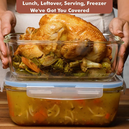 8 Cups/ 63 Oz 4 Piece (2 containers + 2 Lids) Large Glass Food Storage/ Baking Containers with Locking Lids . Ideal for Storing food, vegetables or fruits. BPA Free & Leak Proof -Microwave, Oven Safe