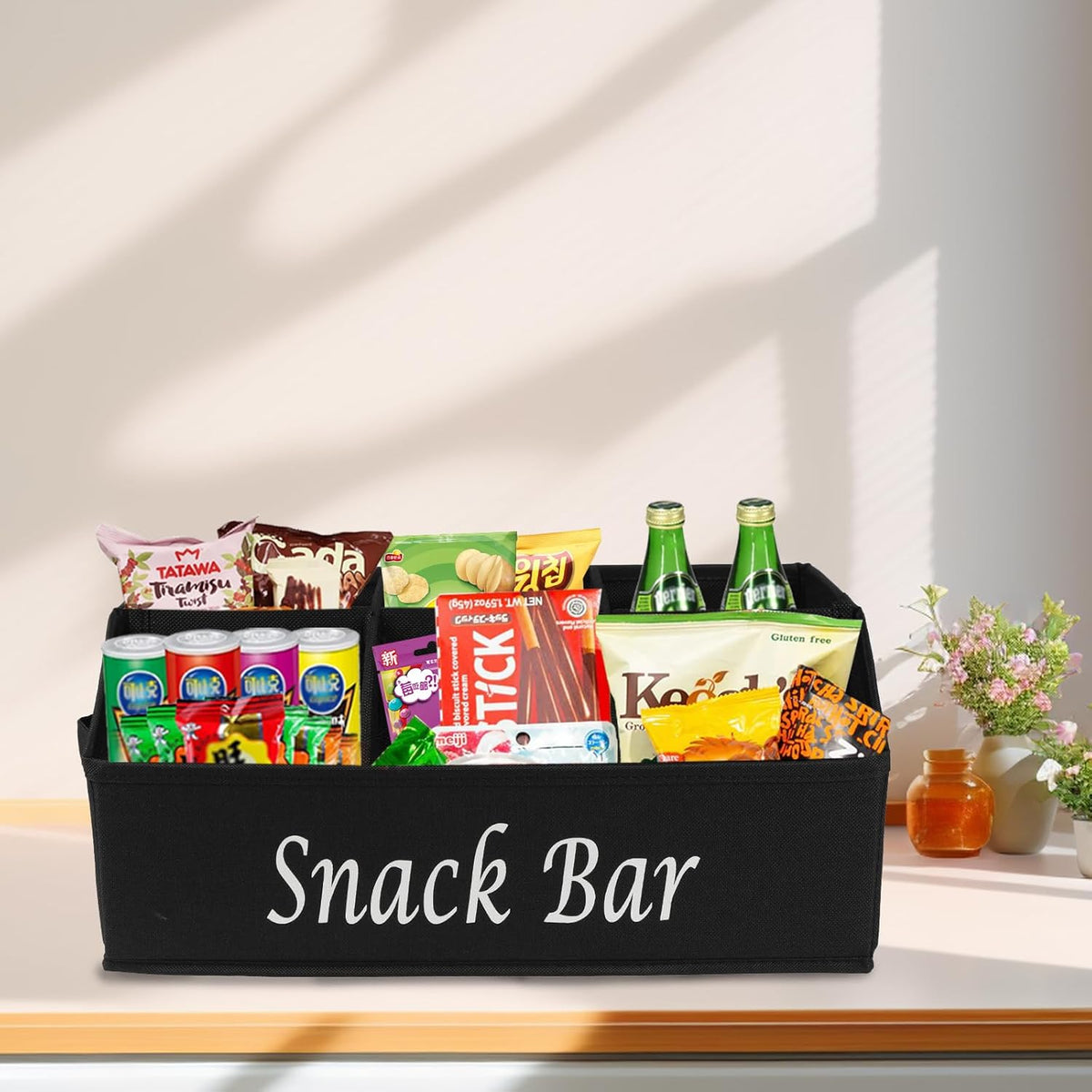 Snack Organizer for Countertop, Trapezoid Fabric Snack Bin Holder with Side Handles, 6 Compartment Snack Basket Container, Lightweight Snack Bar Station Organizer, Kitchen Pantry Storage-Black