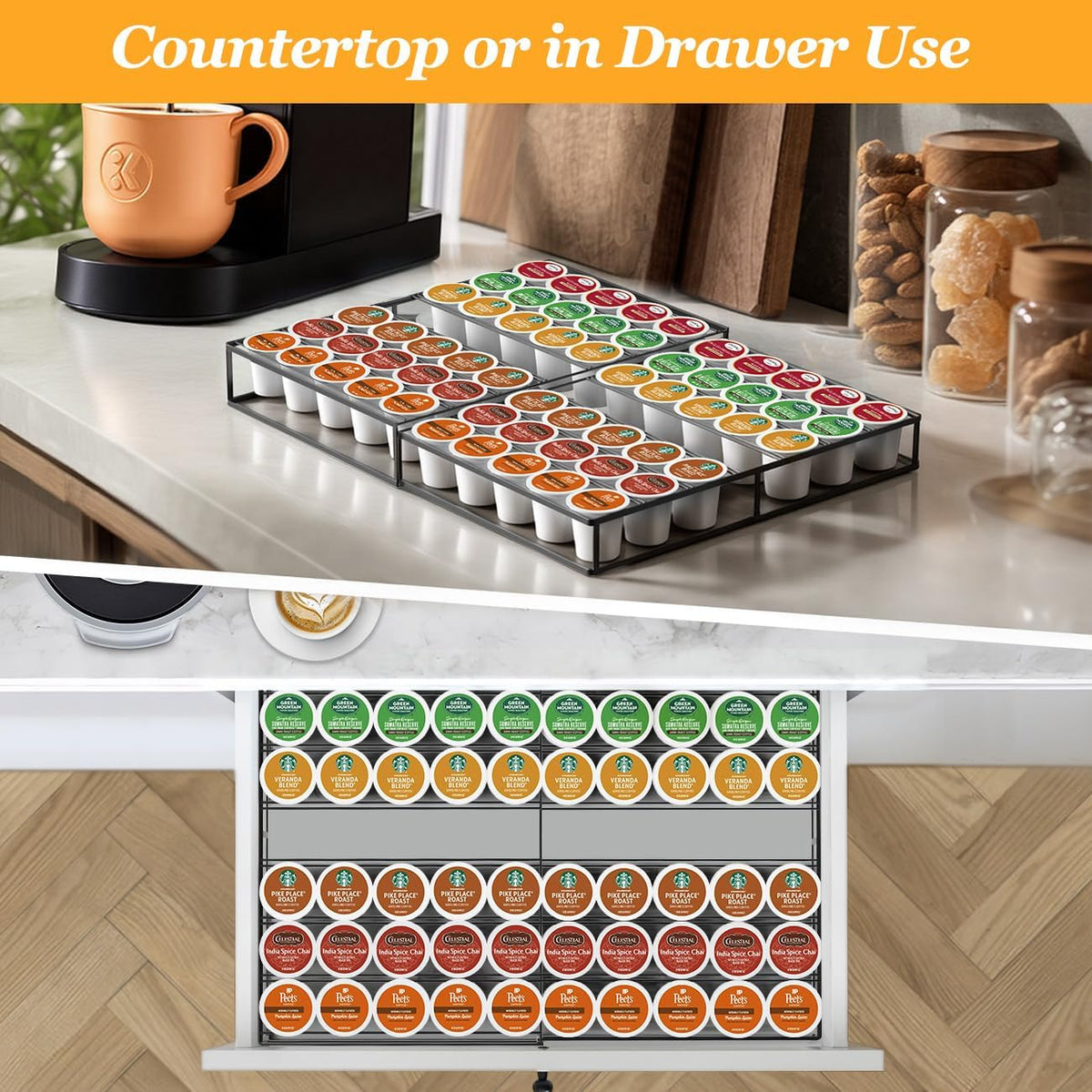 Coffee Pod Holder Drawer, Expandable K Cup Holder Compatible with Keurig K-Cup, K Cup Drawer Organizer Hold 30-60 Coffee Pod Storage for Coffee Station Office and Kitchen, Black