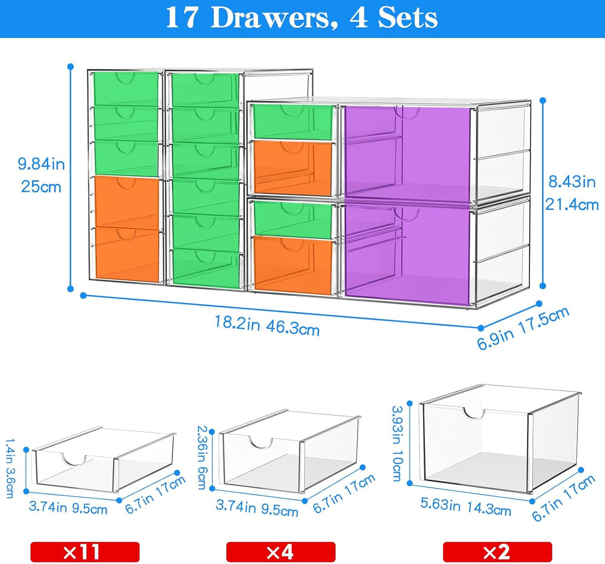 Acrylic Makeup Organizer with 13 Drawers, Bathroom Counter Organizer, Acrylic Organizers, Desk Organizer, Office Supplies, Storage Drawers for Cosmetic, Pencil, Coffee, etc 3 Pack