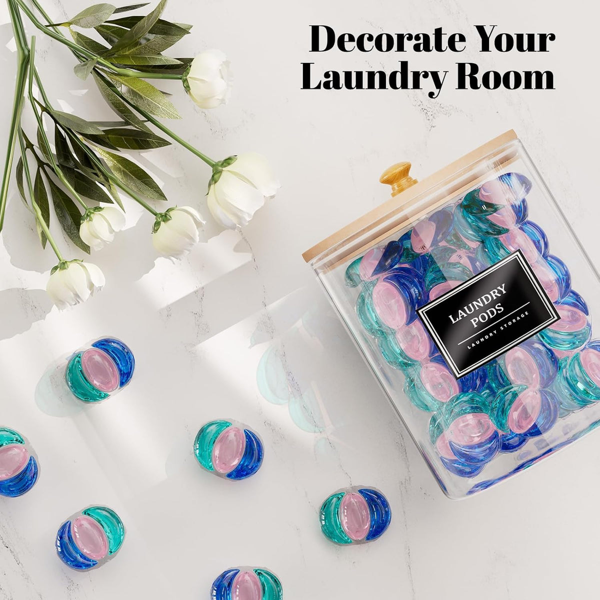 HomePekite Laundry Pods Storage Container, Clear Laundry Room Organization and Storage,Detergent Powder Container,with Wooden Lids & Labels, 3+