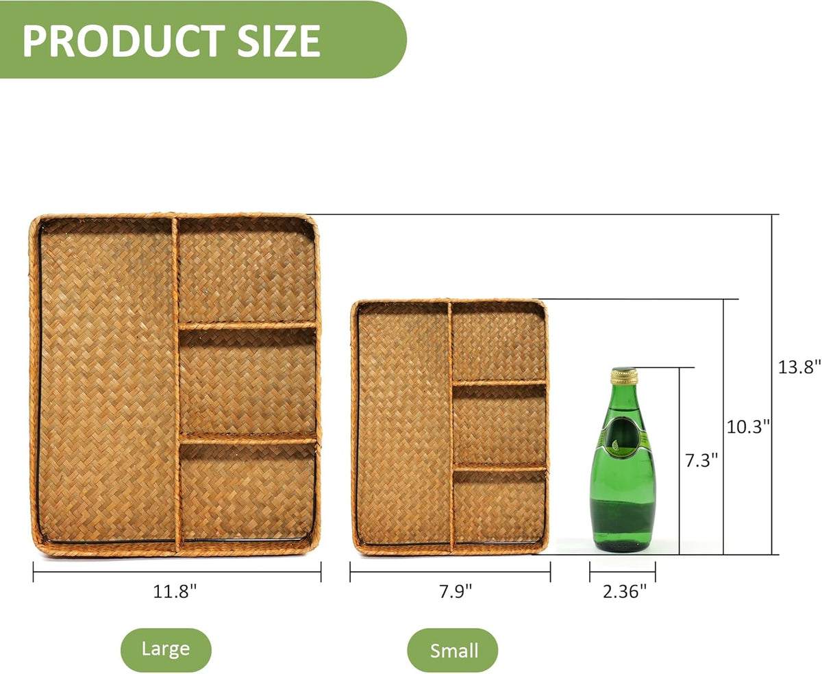 Wicker Baskets 4-Section Tea Bag/Sugar Packet Holder,Seagrass Woven Compartment Organizer,Storage Rattan Divided Basket,Office-Desk Baskets for Shelves,Pantry,Coffee Station Organizer,Countertops