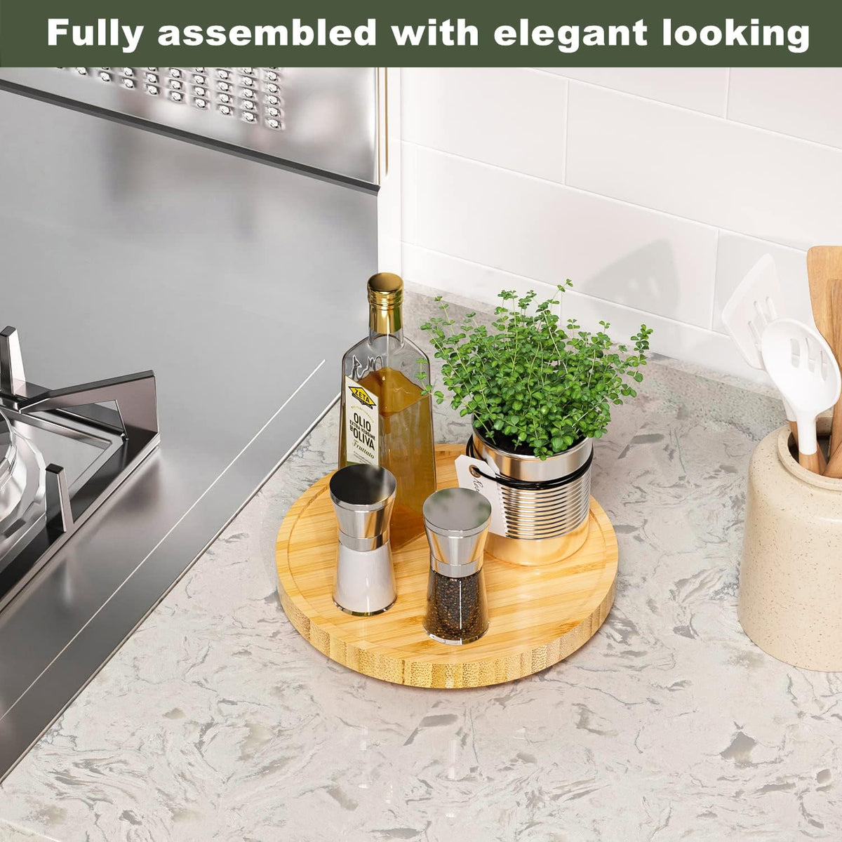 Lazy Susan Organizer, 10 Inch Non-Skid Bamboo Turntable Organizer for Salt Pepper Olive Oil and Spices Next to Stove, Wooden Lazy Susan for Table or Kitchen Countertop Organizer