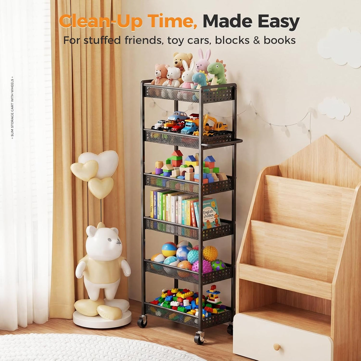 5 Tier Kitchen Storage Cart with Wheels, Utility Fruit Vegetable Storage Rack Stand with Pull-Out Baskets & Wood Top, Metal 4-Drawers Rolling Snack Cart, Kitchen Cart for Potato Onion(Black)