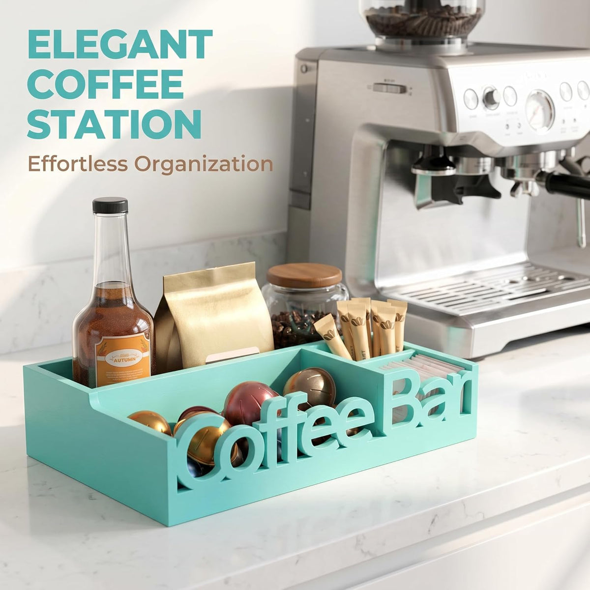Coffee Bar Organizer for Countertop – Wooden Coffee Caddy with Compartments for Pods, Sugar Packets, and Accessories – Coffee Condiment Station Storage for Home and Office (Black)