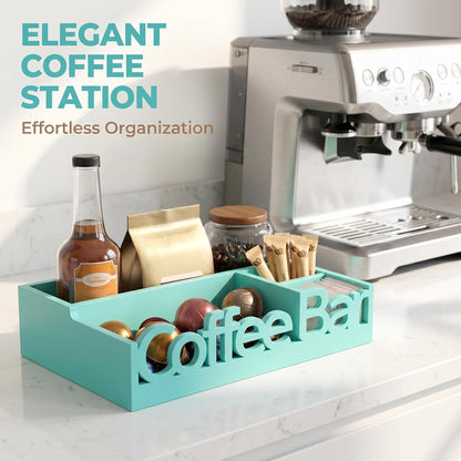 Coffee Bar Organizer for Countertop – Wooden Coffee Caddy with Compartments for Pods, Sugar Packets, and Accessories – Coffee Condiment Station Storage for Home and Office (Black)