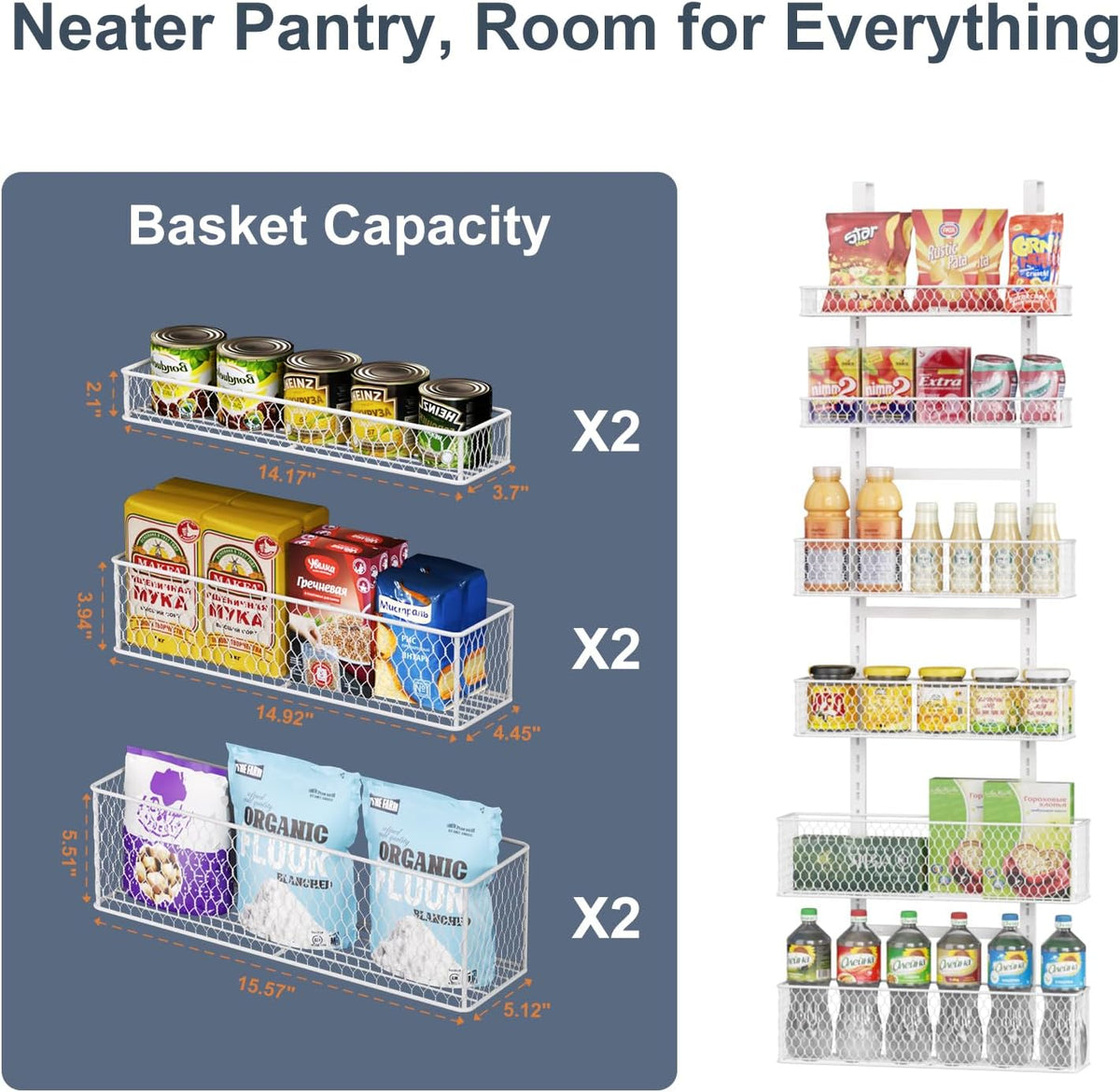 Bunoxea 6-Tier Over The Door Pantry Organizer,Hanging Spice Rack,Over Door Adjustable Basket with Handle,Pantry Organization And Storage, Laundry Room,Bathroom,Large Capacity,D5.3xW15.7xH60.9in