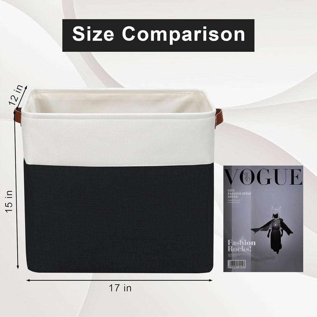 Bagnizer Large Fabric Storage Baskets | 50L Storage Bins, Decorative Linen Closet Baskets with Handles for Organizing, Shelf, Toys, Clothes, Home, Office, Nursery, 17x12x15Inches (Grey&White)